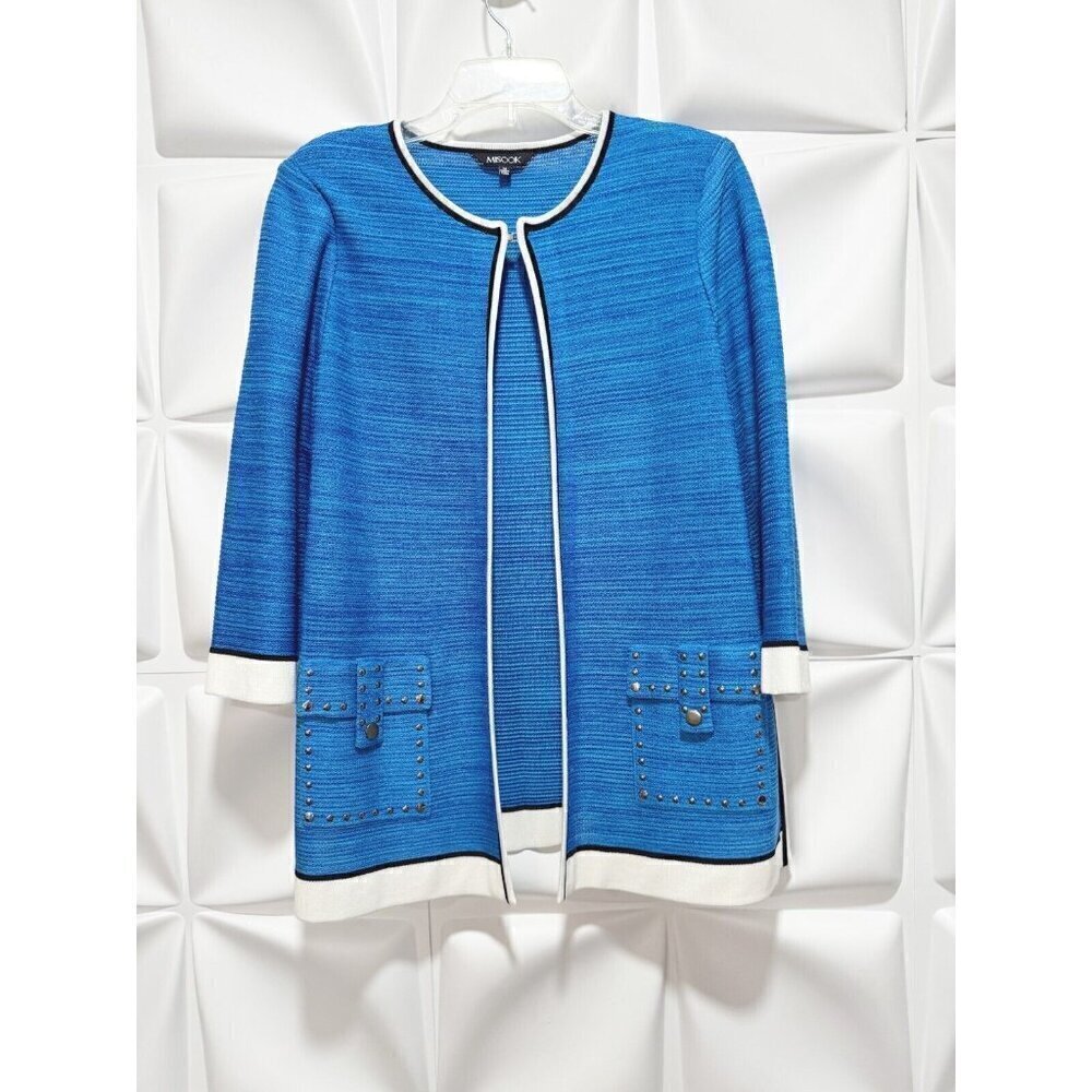Misook Sz M Blue Knit Sweater Cardigan Jacket Open Front Tunic Womens